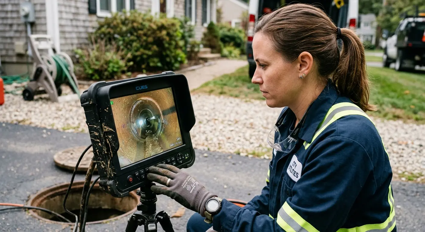 Technician reviewing sewer camera inspection footage in Palmyra